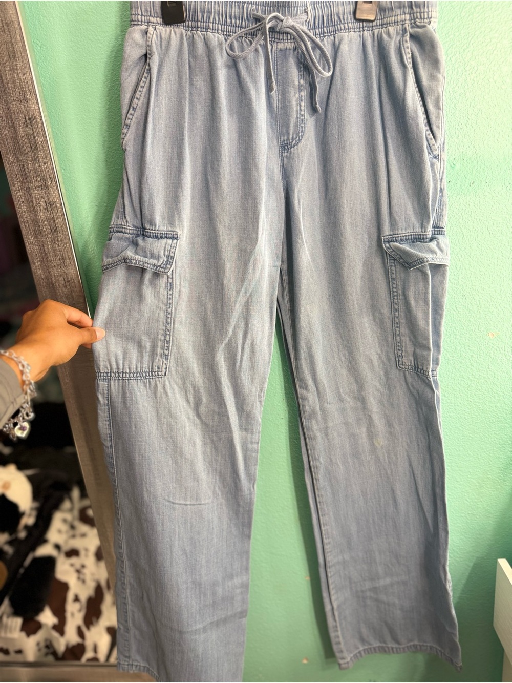 Light Blue Women's Cargo Jeggings with Elastic Drawstring Waist